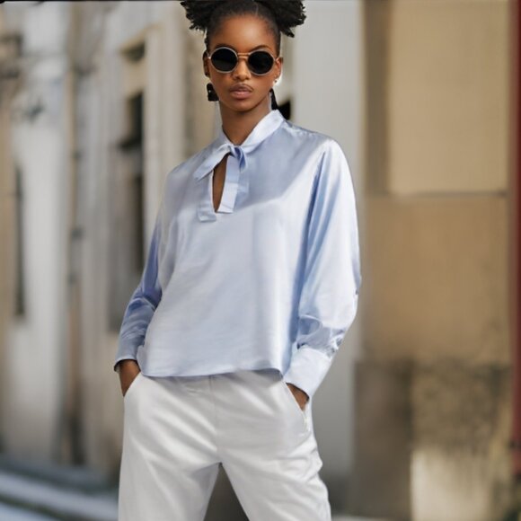 Valentino S.p.A Soft Powder Blue Chambray Long Sleeve Bow Blouse, Size 4 - Picture 8 of 10